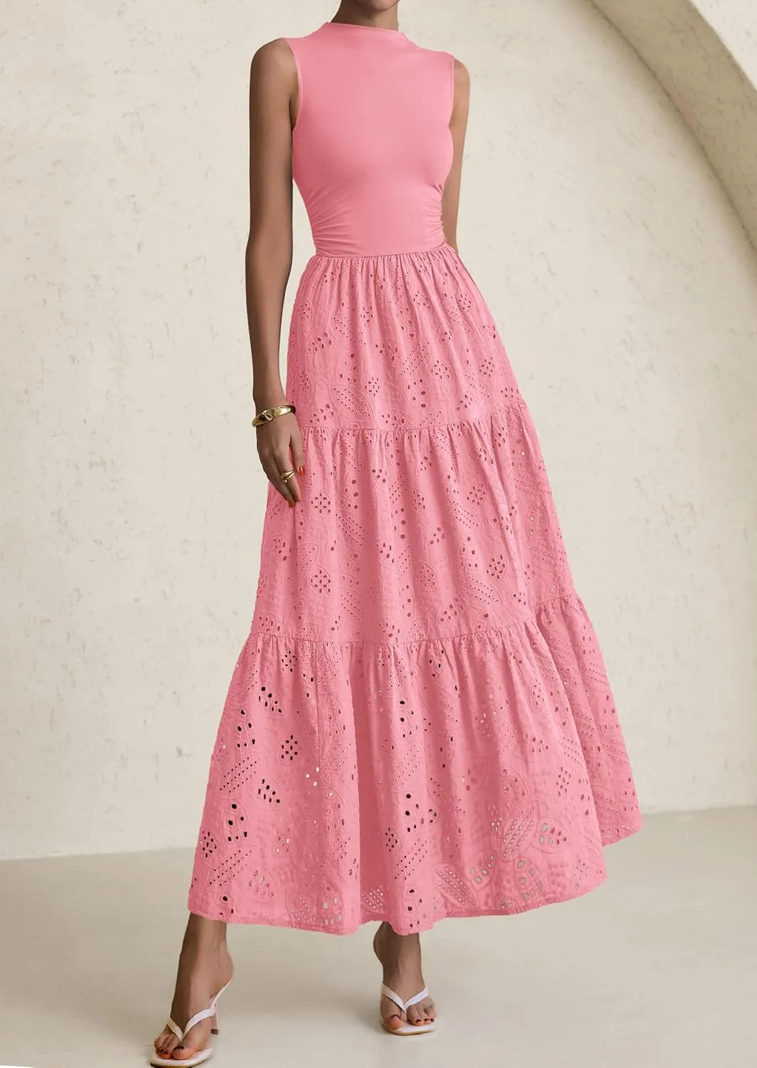 PRETTYGARDEN Summer Dresses for Women 2025 Casual Eyelet Sleeveless Wedding Guest Maxi Dress Tank Top Sundress with Pockets