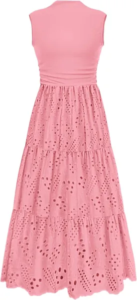 PRETTYGARDEN Summer Dresses for Women 2025 Casual Eyelet Sleeveless Wedding Guest Maxi Dress Tank Top Sundress with Pockets