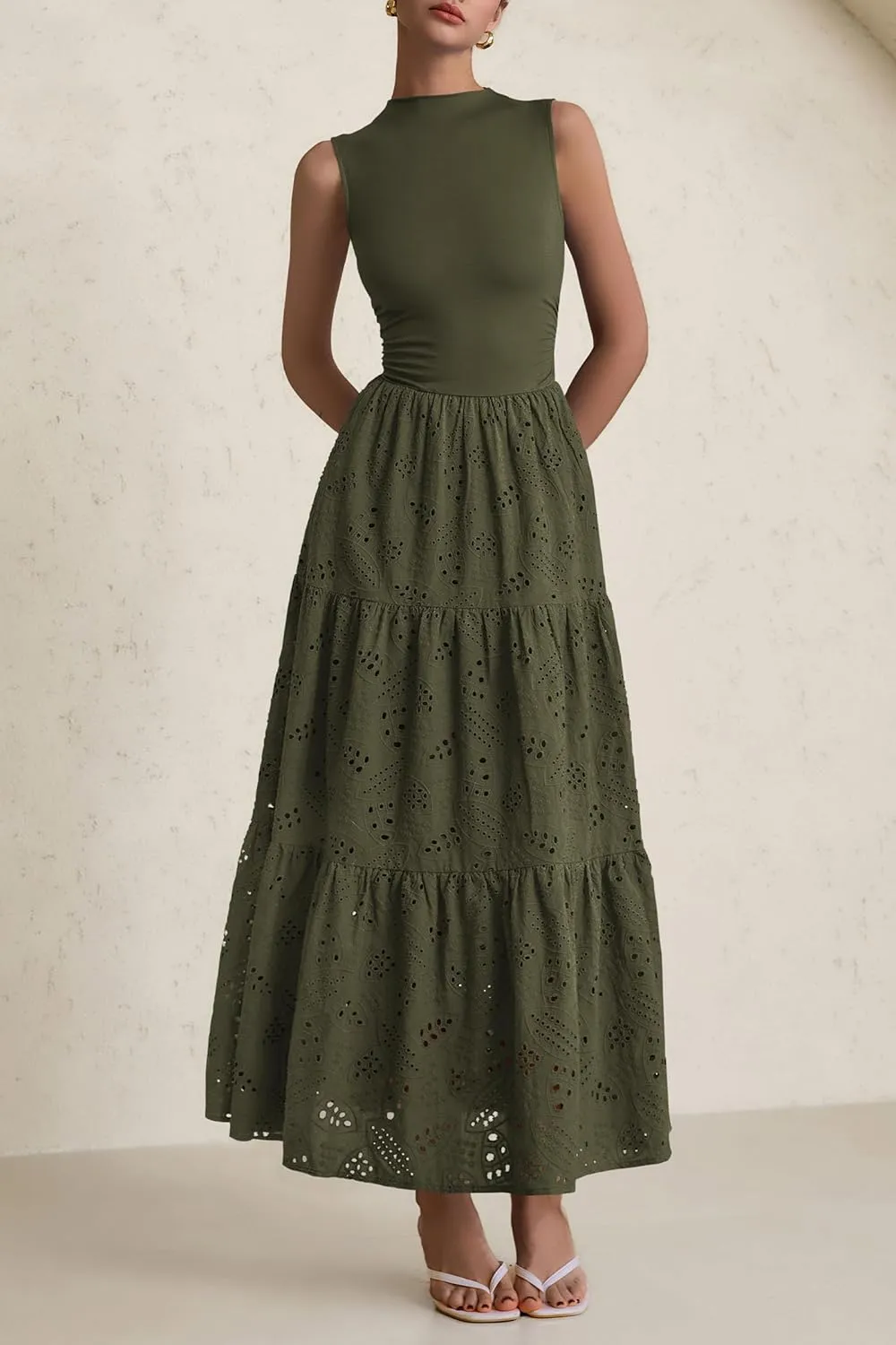 PRETTYGARDEN Summer Dresses for Women 2025 Casual Eyelet Sleeveless Wedding Guest Maxi Dress Tank Top Sundress with Pockets