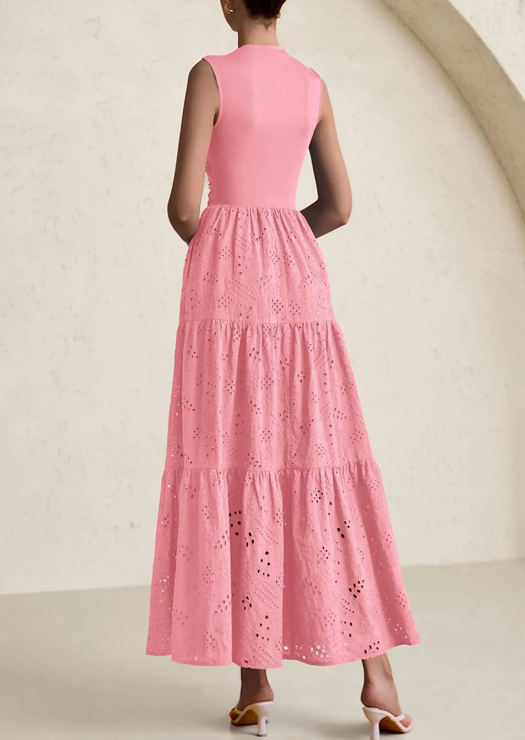 PRETTYGARDEN Summer Dresses for Women 2025 Casual Eyelet Sleeveless Wedding Guest Maxi Dress Tank Top Sundress with Pockets