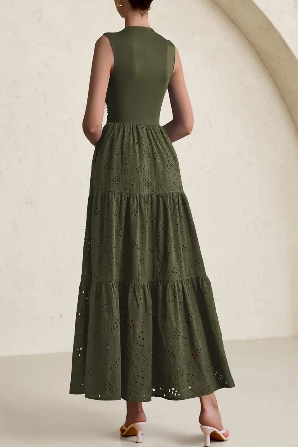 PRETTYGARDEN Summer Dresses for Women 2025 Casual Eyelet Sleeveless Wedding Guest Maxi Dress Tank Top Sundress with Pockets