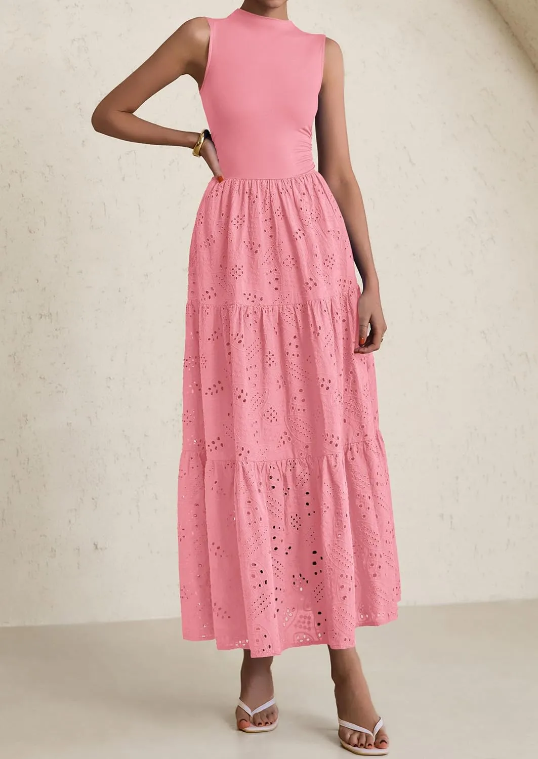 PRETTYGARDEN Summer Dresses for Women 2025 Casual Eyelet Sleeveless Wedding Guest Maxi Dress Tank Top Sundress with Pockets