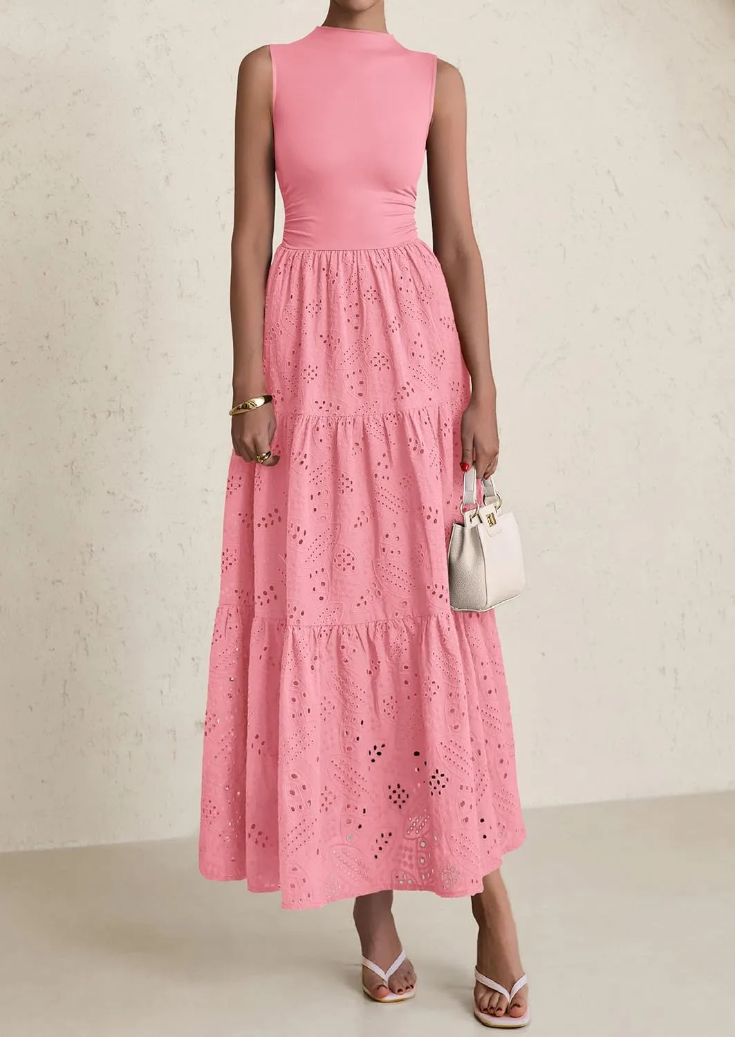 PRETTYGARDEN Summer Dresses for Women 2025 Casual Eyelet Sleeveless Wedding Guest Maxi Dress Tank Top Sundress with Pockets