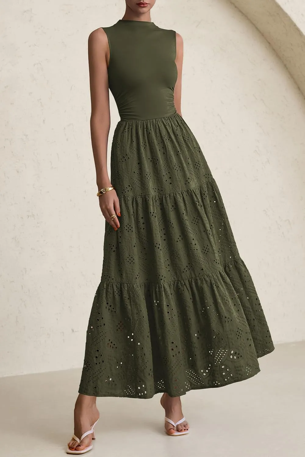 PRETTYGARDEN Summer Dresses for Women 2025 Casual Eyelet Sleeveless Wedding Guest Maxi Dress Tank Top Sundress with Pockets