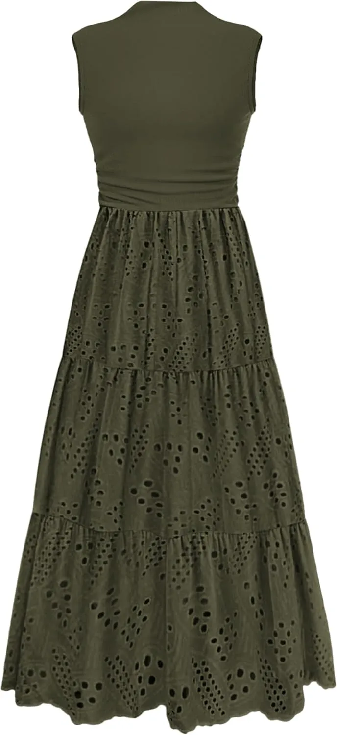 PRETTYGARDEN Summer Dresses for Women 2025 Casual Eyelet Sleeveless Wedding Guest Maxi Dress Tank Top Sundress with Pockets