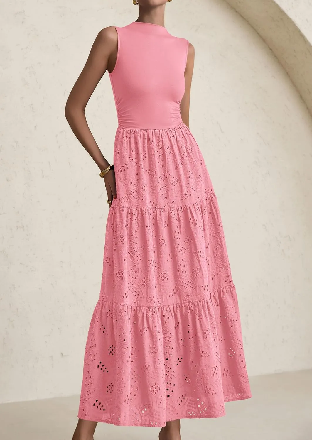 PRETTYGARDEN Summer Dresses for Women 2025 Casual Eyelet Sleeveless Wedding Guest Maxi Dress Tank Top Sundress with Pockets