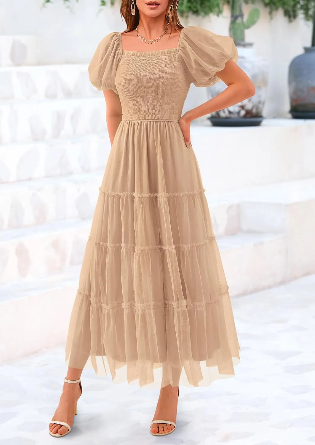 PRETTYGARDEN Women's Smocked Tulle Midi Dress 2025 Summer Square Neck Puffy Short Sleeve Ruffle Wedding Guest Party Dresses