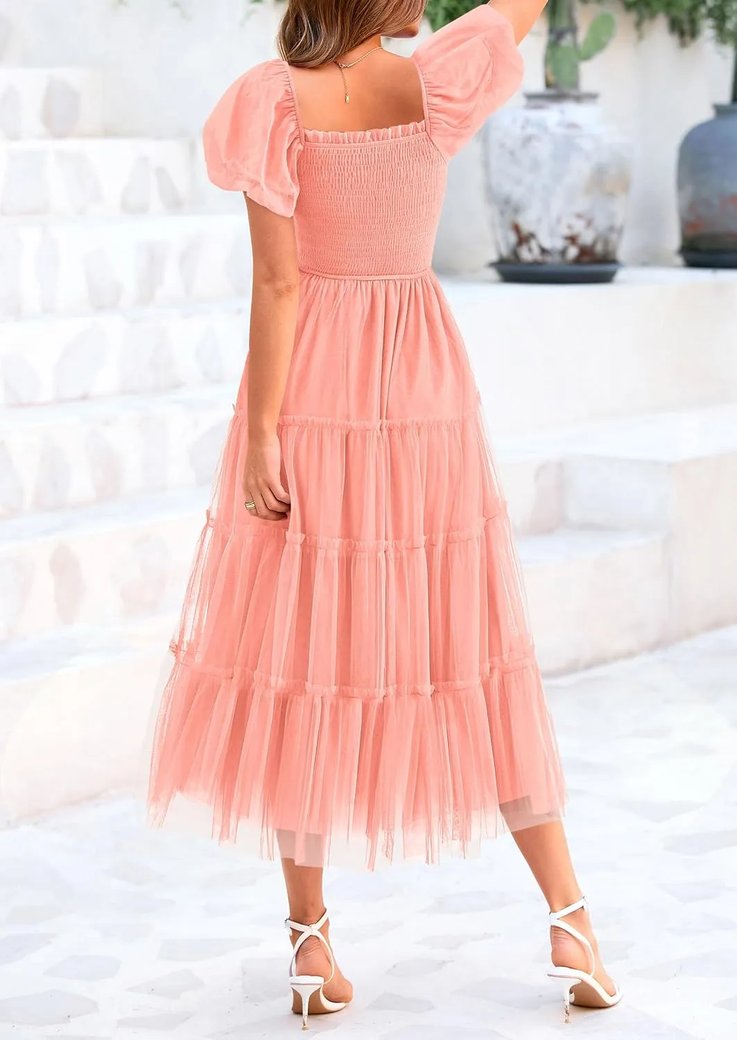 PRETTYGARDEN Women's Smocked Tulle Midi Dress 2025 Summer Square Neck Puffy Short Sleeve Ruffle Wedding Guest Party Dresses