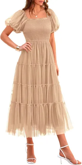 PRETTYGARDEN Women's Smocked Tulle Midi Dress 2025 Summer Square Neck Puffy Short Sleeve Ruffle Wedding Guest Party Dresses