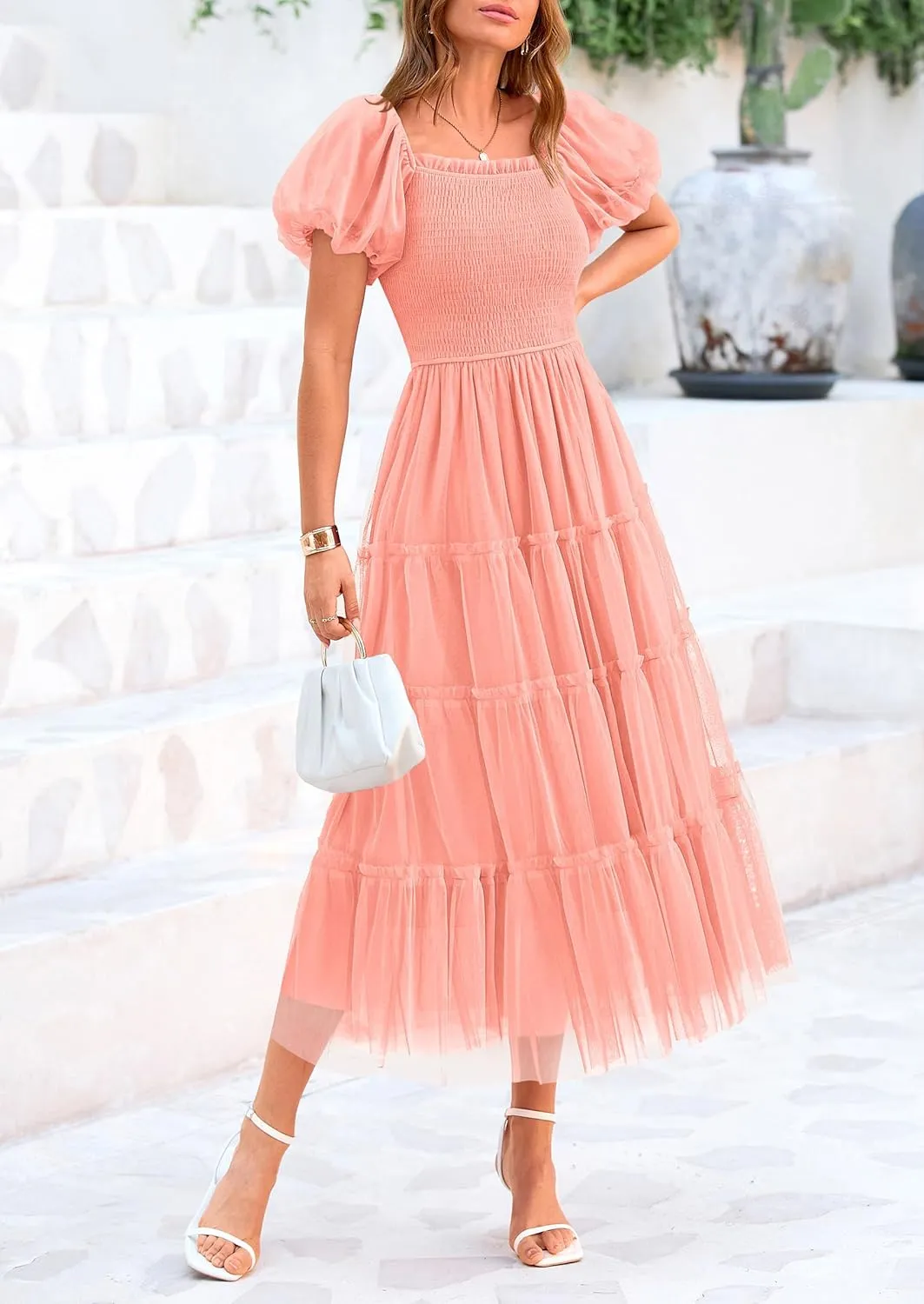 PRETTYGARDEN Women's Smocked Tulle Midi Dress 2025 Summer Square Neck Puffy Short Sleeve Ruffle Wedding Guest Party Dresses