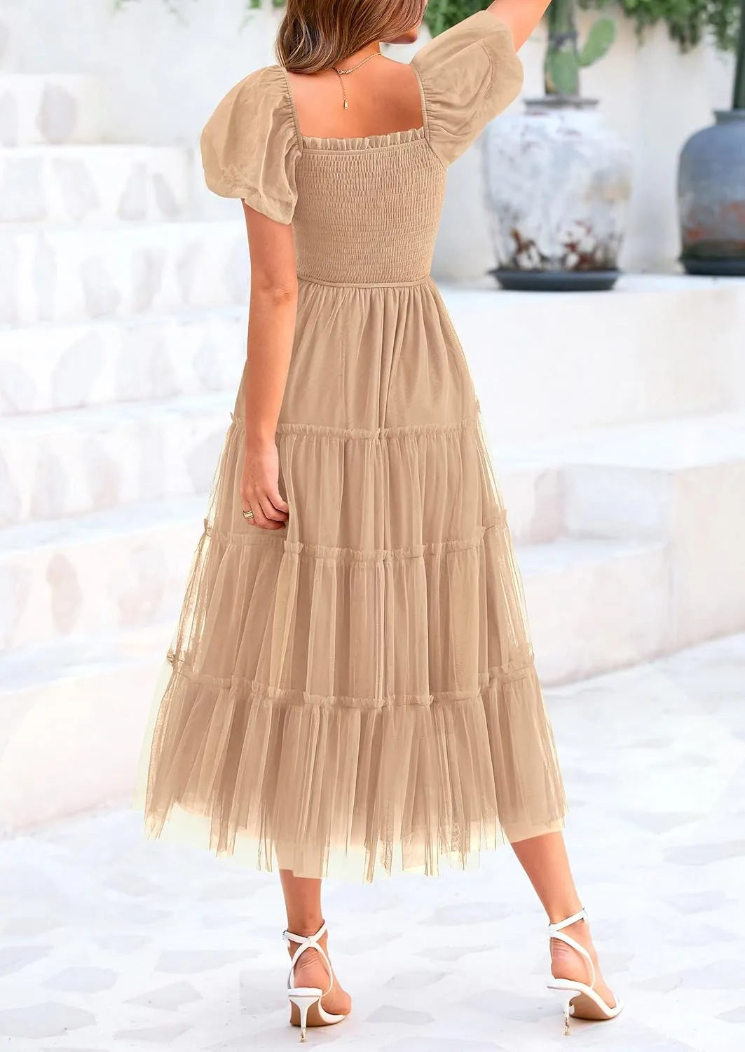 PRETTYGARDEN Women's Smocked Tulle Midi Dress 2025 Summer Square Neck Puffy Short Sleeve Ruffle Wedding Guest Party Dresses