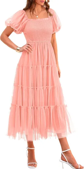PRETTYGARDEN Women's Smocked Tulle Midi Dress 2025 Summer Square Neck Puffy Short Sleeve Ruffle Wedding Guest Party Dresses