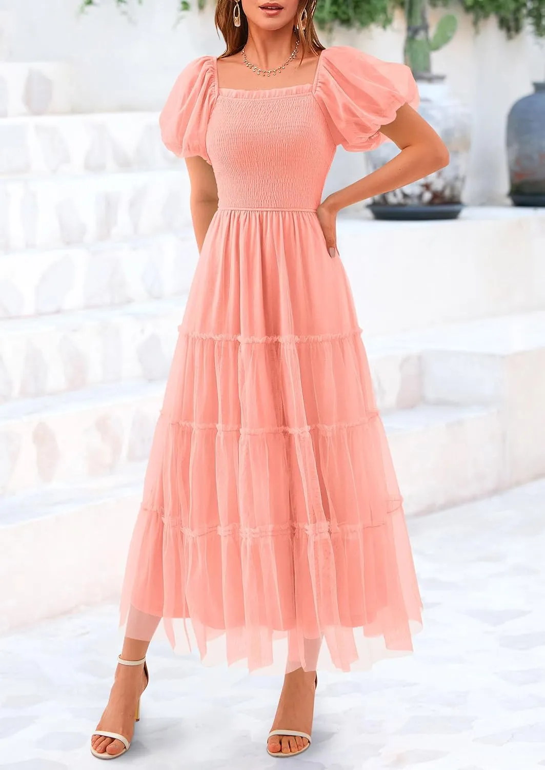 PRETTYGARDEN Women's Smocked Tulle Midi Dress 2025 Summer Square Neck Puffy Short Sleeve Ruffle Wedding Guest Party Dresses