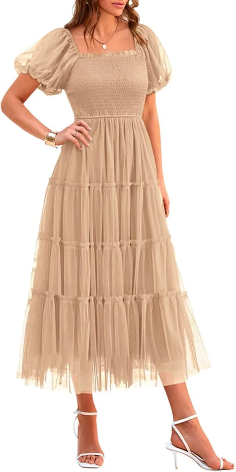PRETTYGARDEN Women's Smocked Tulle Midi Dress 2025 Summer Square Neck Puffy Short Sleeve Ruffle Wedding Guest Party Dresses
