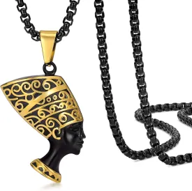ROWIN&CO Nefertiti Egyptian Queen Pendant Necklace for Women Men Hip Hop Gold Black Stainless Steel Ancient Egypt Jewelry Goddess Chain 24 inch