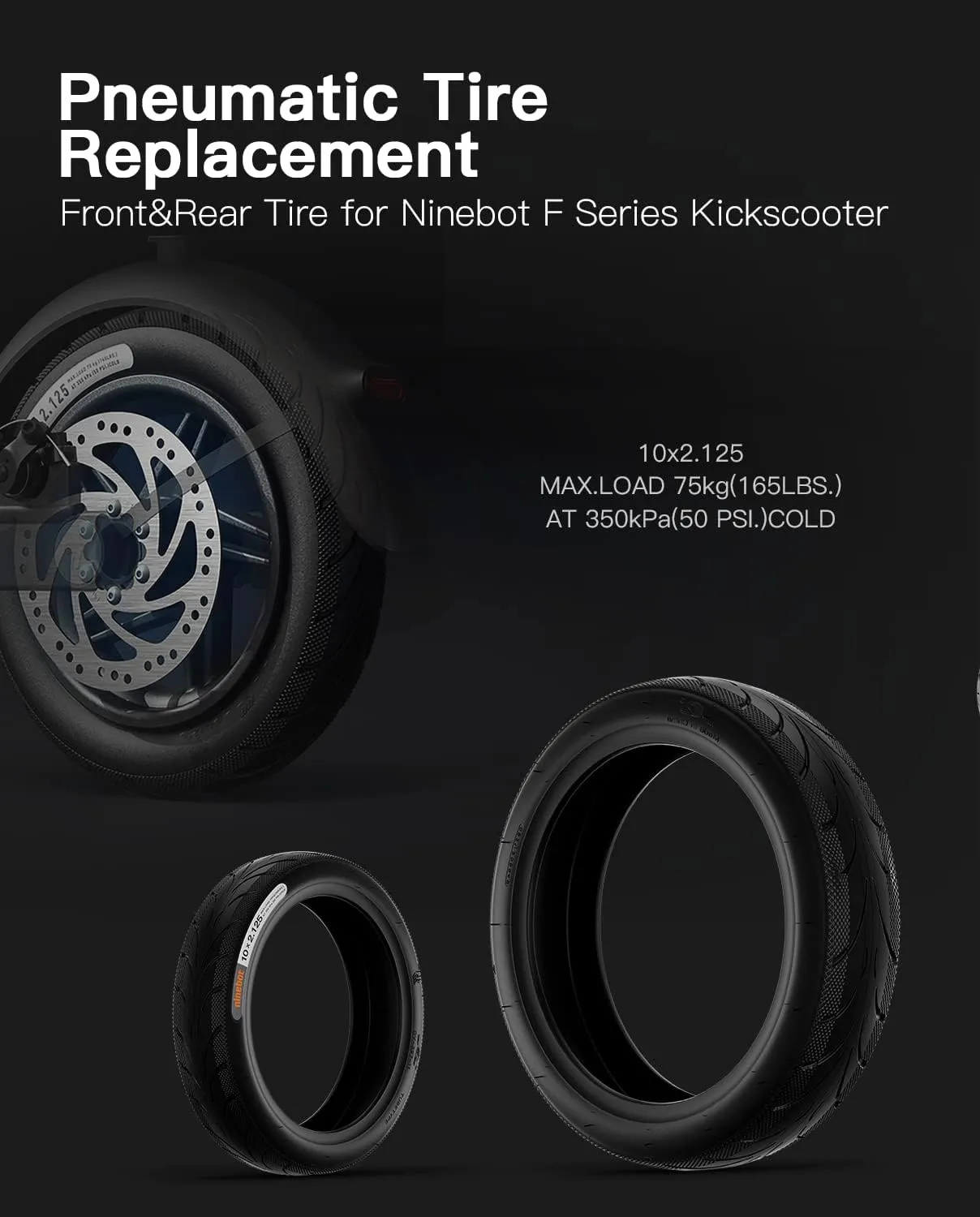 stio 10x2.125 Outer Tire Compatible with Ninebot by Segway Kickscooter F25/F30/F40/F65/D18W/D28U/D38U 10 Inch Non-Slip Scooter Tyre Replacement Original Accessories 2PCS
