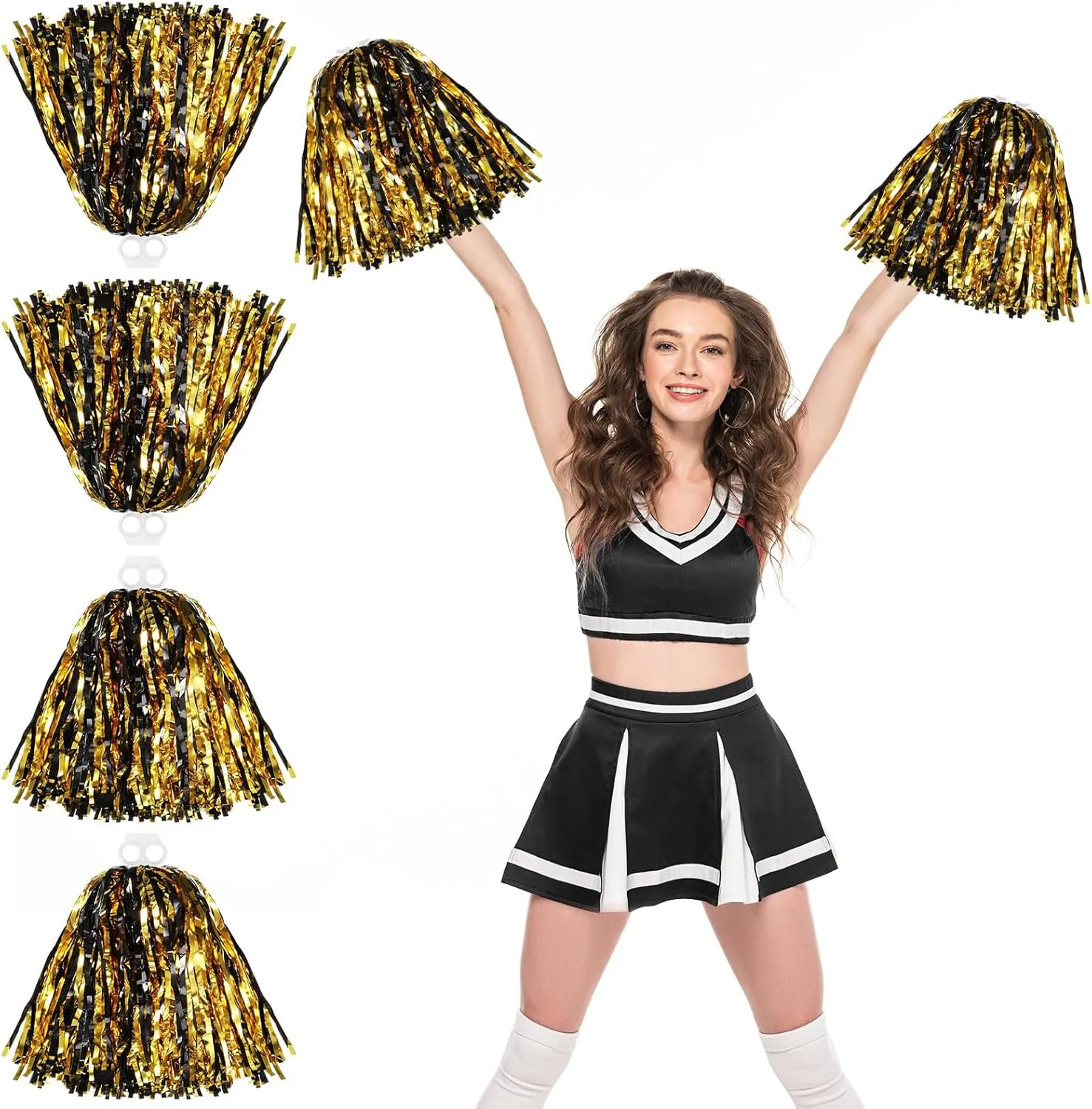 Thenshop Cheerleading Pom Poms 4 Pack Cheerleader Squad Spirited Fun Pompoms Cheer Hand Flowers Metallic Foil Pompoms for Adults Sports Meeting Team Spirit Cheering Party