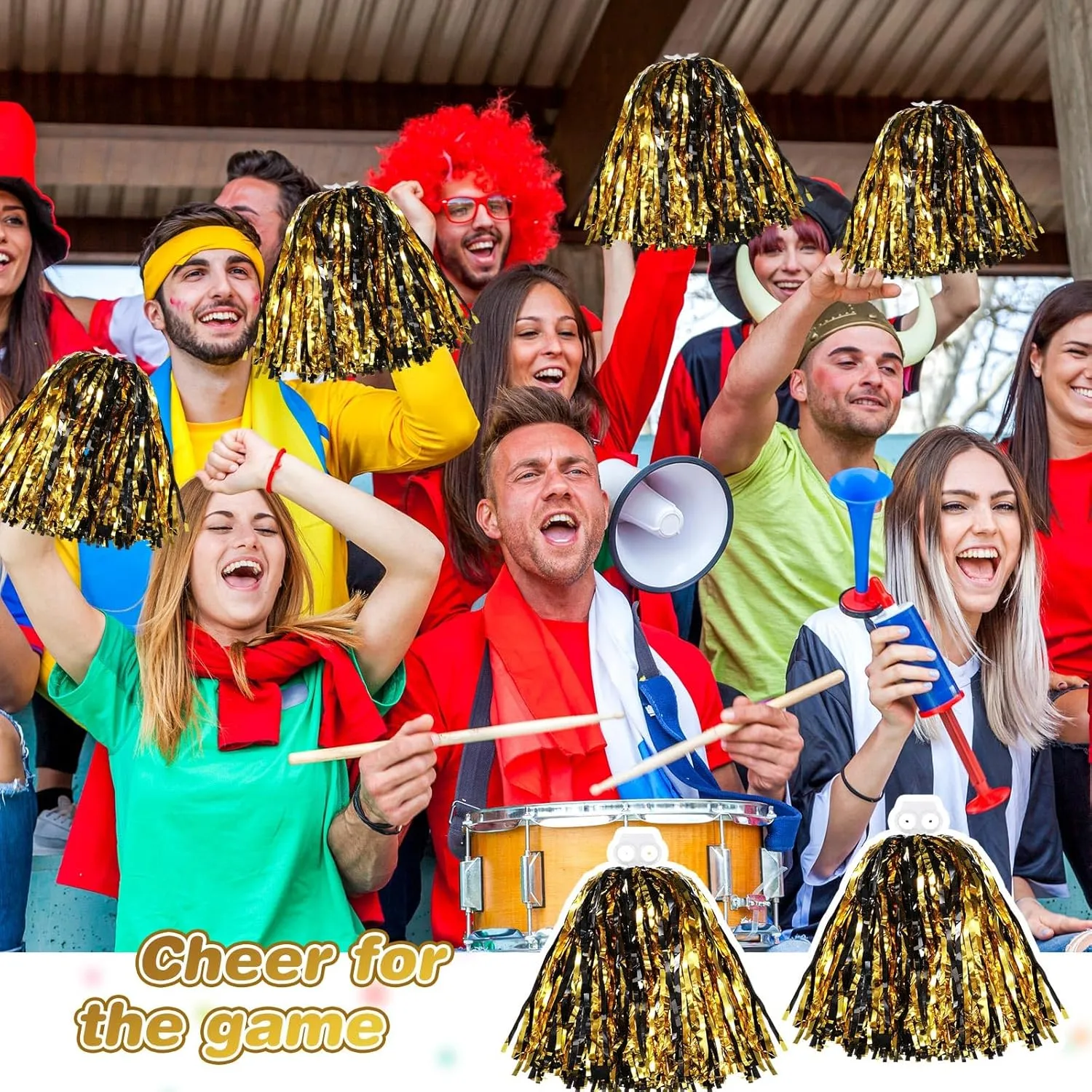 Thenshop Cheerleading Pom Poms 4 Pack Cheerleader Squad Spirited Fun Pompoms Cheer Hand Flowers Metallic Foil Pompoms for Adults Sports Meeting Team Spirit Cheering Party