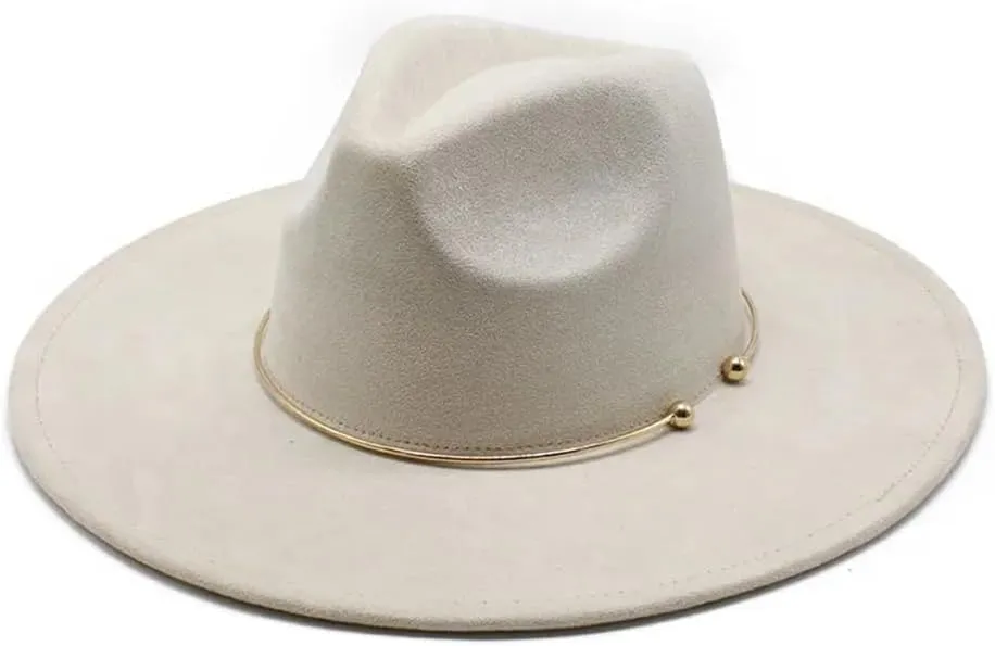 Women Men Suede Fedora Hats 9.5Cm Wide Brim Panama Western Cowboy Hat Gold Circle Church Caps