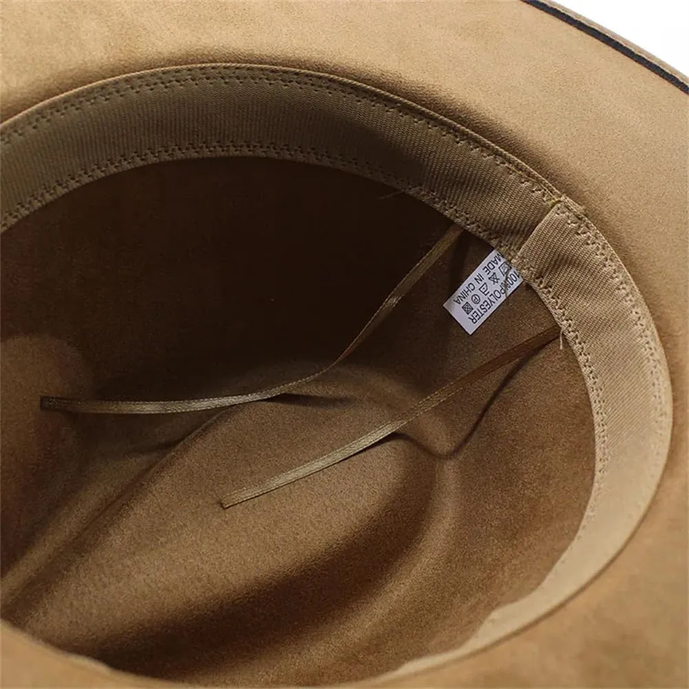 Women Men Suede Fedora Hats 9.5Cm Wide Brim Panama Western Cowboy Hat Gold Circle Church Caps