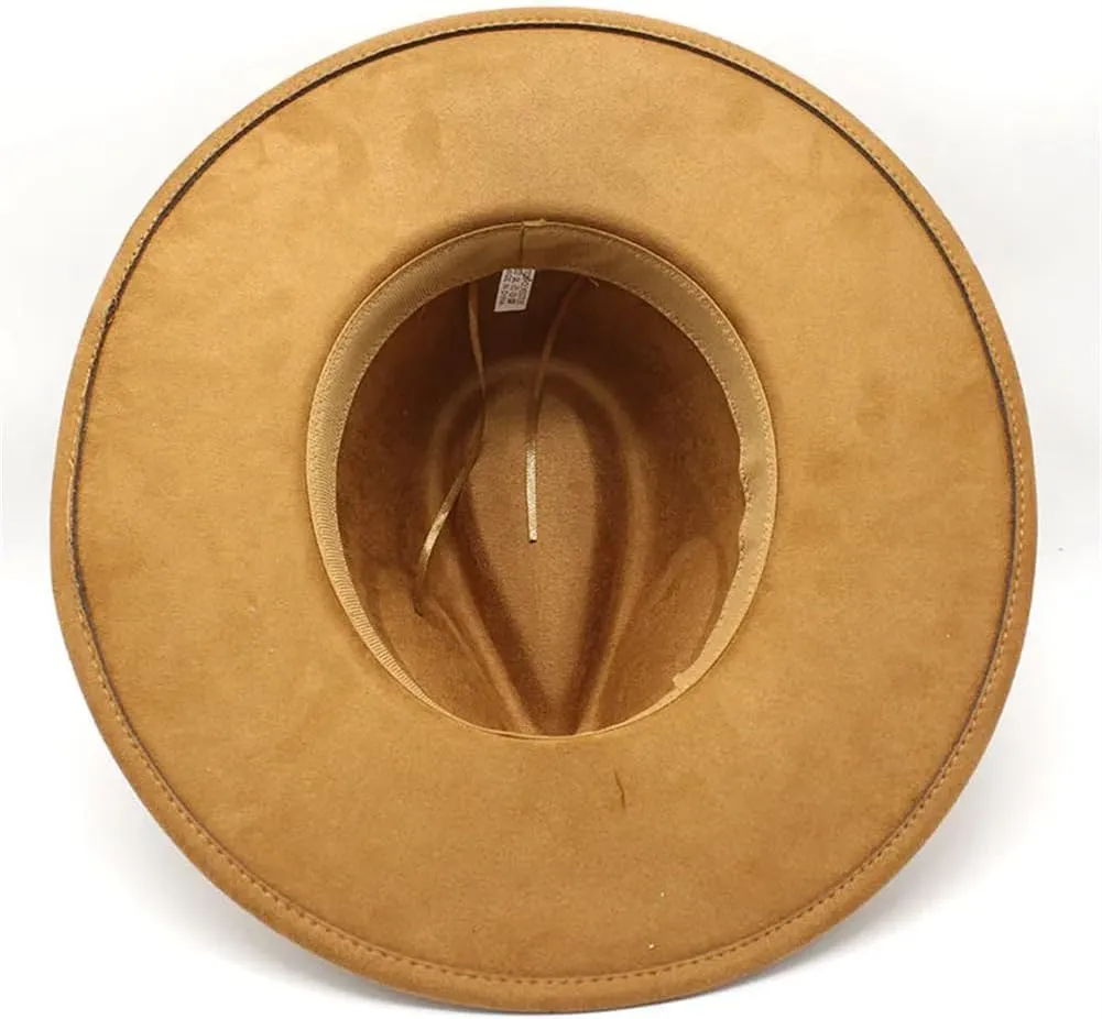 Women Men Suede Fedora Hats 9.5Cm Wide Brim Panama Western Cowboy Hat Gold Circle Church Caps