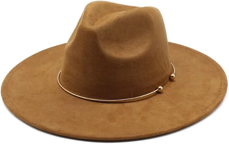 Women Men Suede Fedora Hats 9.5Cm Wide Brim Panama Western Cowboy Hat Gold Circle Church Caps