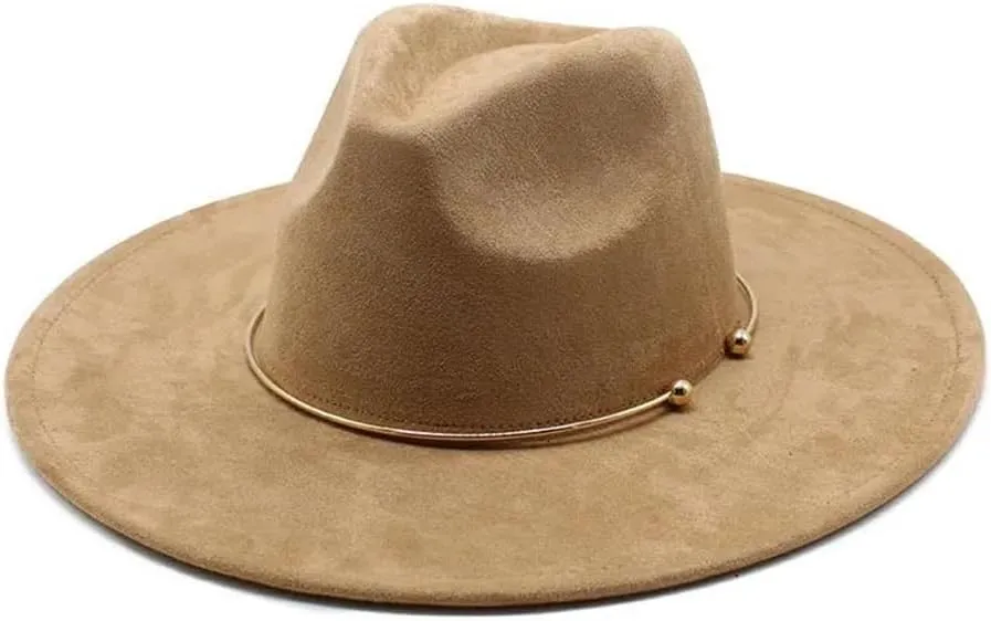 Women Men Suede Fedora Hats 9.5Cm Wide Brim Panama Western Cowboy Hat Gold Circle Church Caps