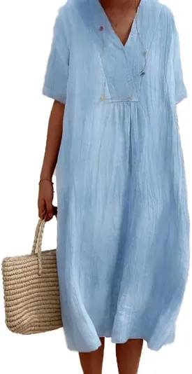 Womens Cotton Linen Midi Dress Summer Beach Casual Dresses V Neck Shift Dress Loose Fit Trapeze Dress