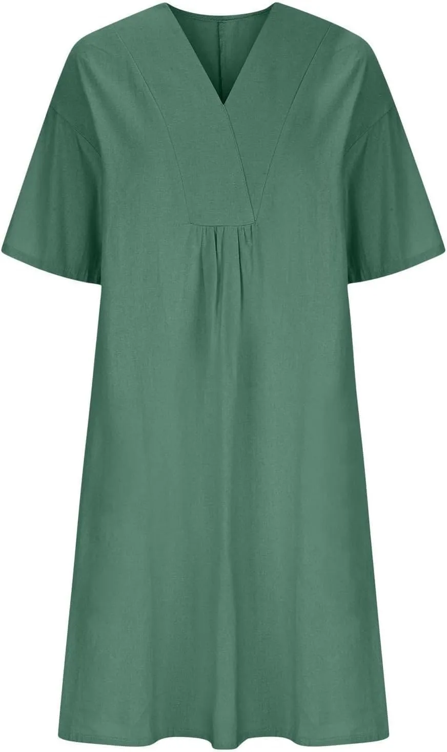 Womens Cotton Linen Midi Dress Summer Beach Casual Dresses V Neck Shift Dress Loose Fit Trapeze Dress