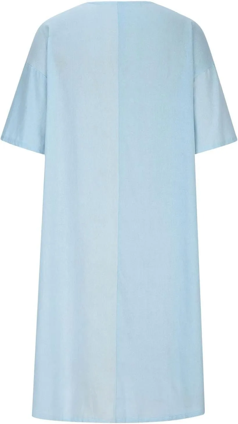Womens Cotton Linen Midi Dress Summer Beach Casual Dresses V Neck Shift Dress Loose Fit Trapeze Dress