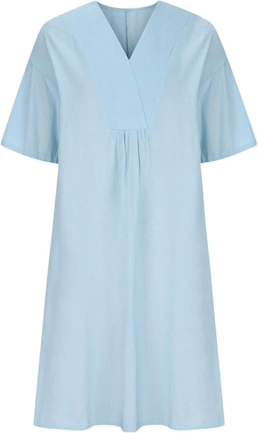 Womens Cotton Linen Midi Dress Summer Beach Casual Dresses V Neck Shift Dress Loose Fit Trapeze Dress
