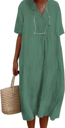 Womens Cotton Linen Midi Dress Summer Beach Casual Dresses V Neck Shift Dress Loose Fit Trapeze Dress